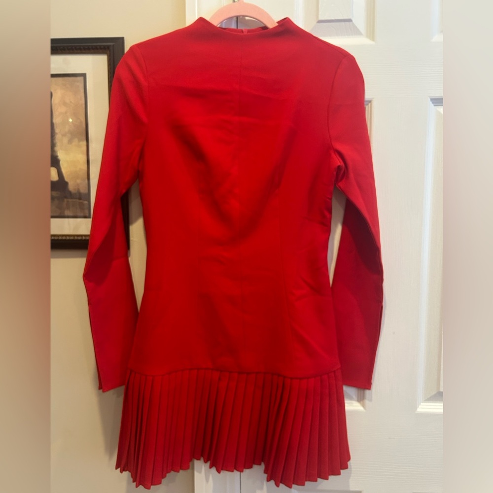 Commense Red Pleated Hem Long Sleeve Dress